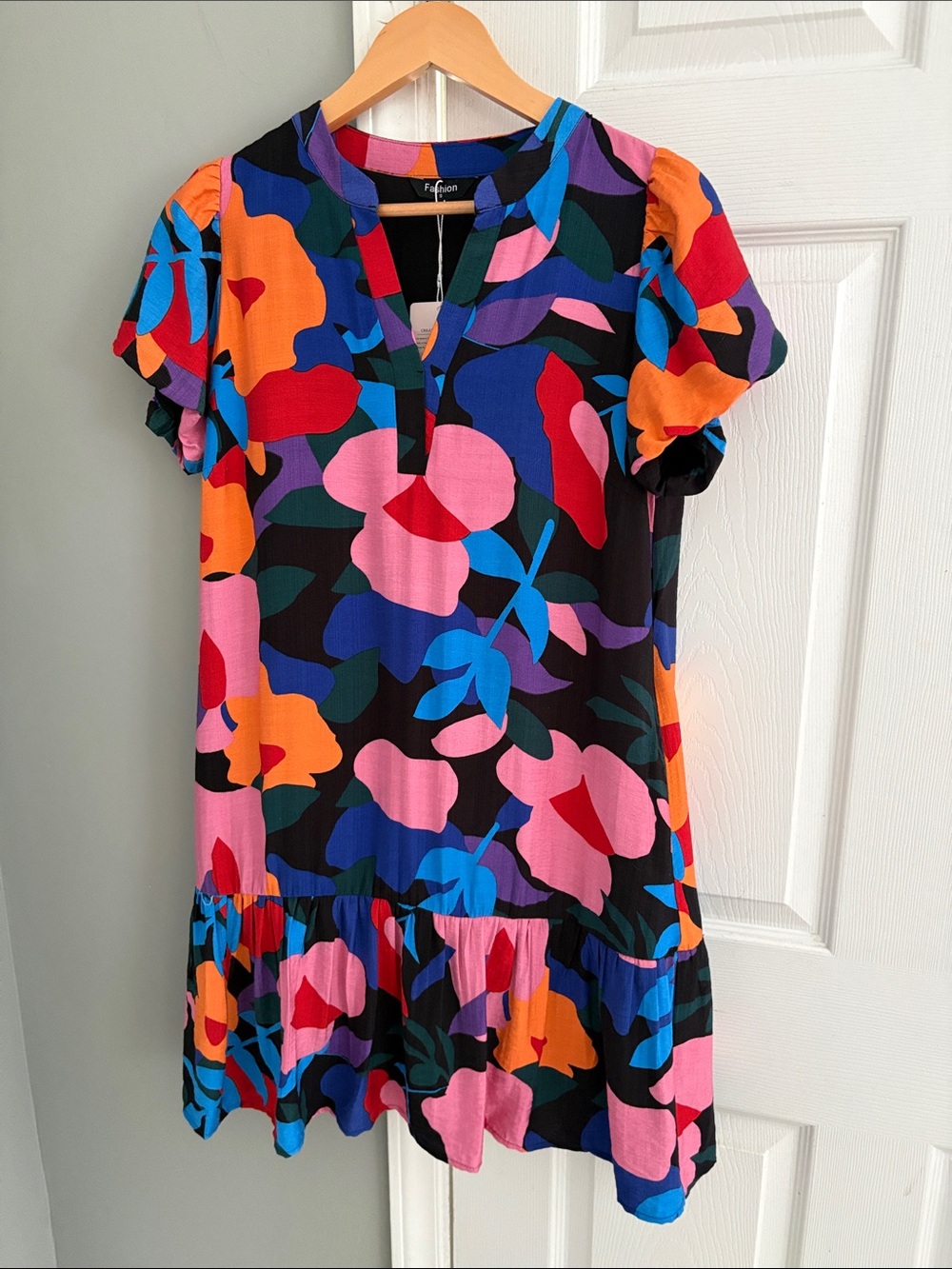 Multicolor Floral Print Midi Dress - Pink/Blue/Orange